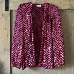 Vintage Sequin Cardigan Open Front Three Flaggs California Glam Hot Pink Bling‎